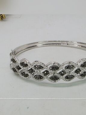 Rhodium Plated Black & White Diamond Accent Bangle Bracelet Woven Weave Braid